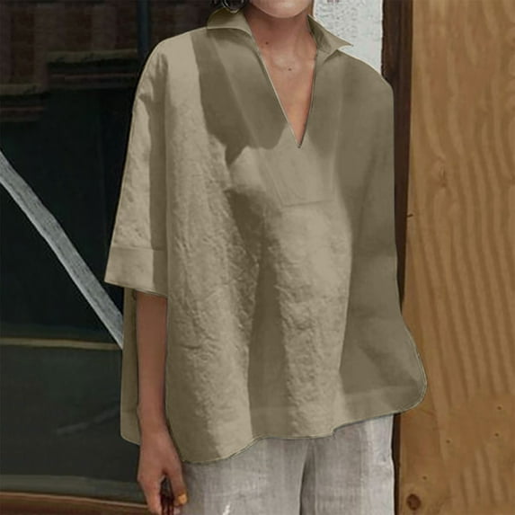 Kiplyki Clothing Women's Cropped Sleeves Lapel V-Neck Line Loose Shirt Blouse