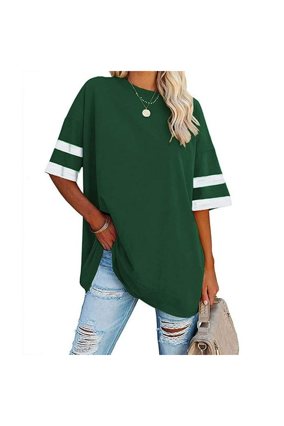 Clothing Womens Oversized Tees Loose T Shirts Half Sleeve Round Neck Color BlockTunic Tops