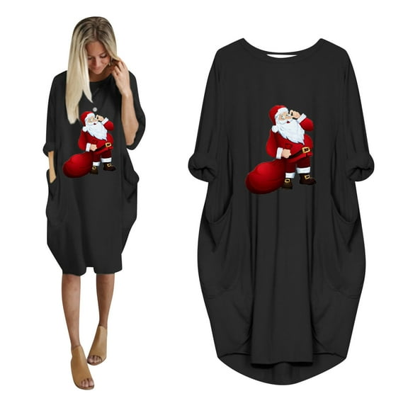 Kiplyki Women's Christmas Dress Plus Size The Winter Loose Pocket Printed Dresses