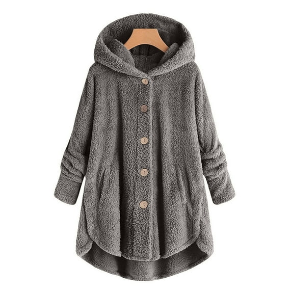 Kiplyki Women's Sweaters Autumn Plus Size Button Plush Tops Hooded Loose Wool Coat Winter Jacket