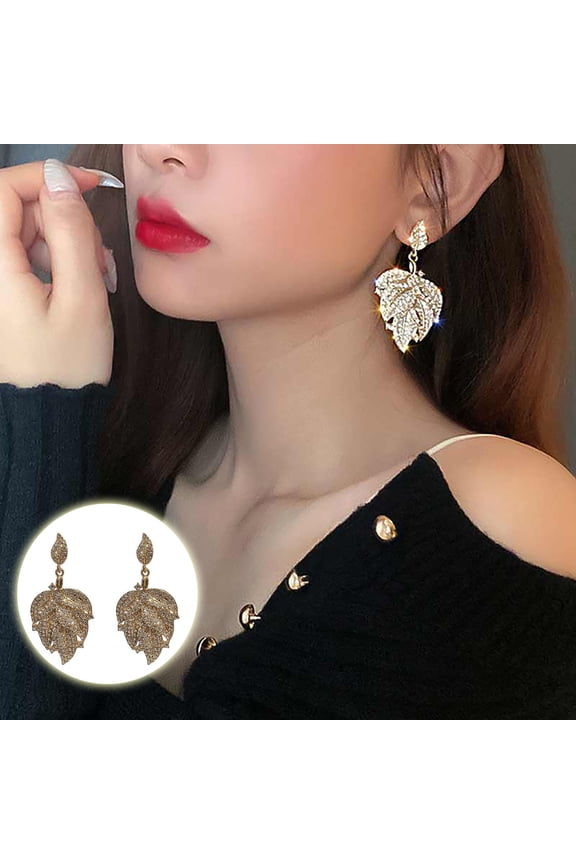 Diamond Leaf Earrings Sparkling Leaf Earrings Exaggerated Design Earrings