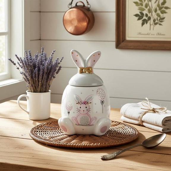 Kiplyki Easter Bunny Ceramic Candy Jar with Lid, Handcrafted Home Decor Storage Container for Kitchen Pantry, Holiday Gift Idea, Decorative Treat Jar for Living Room Dining Table