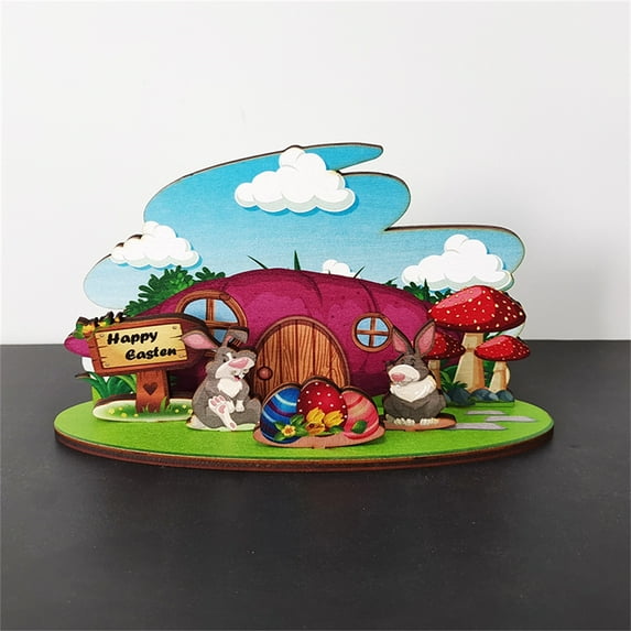 Kiplyki Easter Rabbit-Shape Bunny Desktop Decoration Ornament Wooden Painting Bunny Easter Holiday Table Decoration