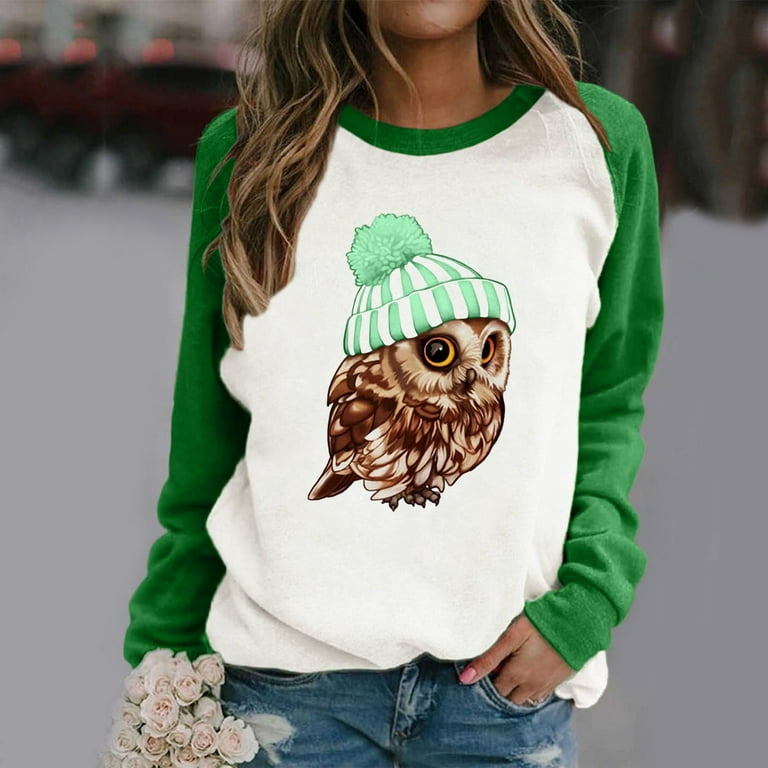 Kiplyki Fall Activewear Women Owl Print Stitching Contrast Color Sweater  Long Sleeves
