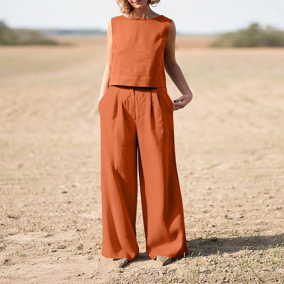 Kiplyki Fall Fashion 2PC Woman Round Neck Solid Sleeveless Blouse +Loose Pockets Pants Sets