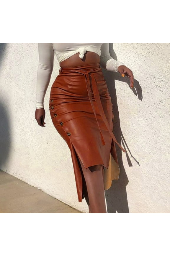 Fall Fashion Women High Waist Casual Ladies Solid Button Mini Fit Leather Skirts