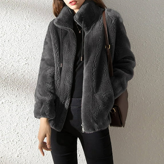 Kiplyki Fall Fashion Women's Plush and Thick Standing Collar Warm Cardigan Zipper Fleece Tops Sweater Jacket