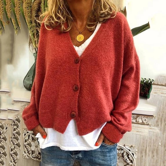 Kiplyki Fall Feeling Clothes Trends Button Solid Knit Sweater Cardigan Long Sleeved Jacket