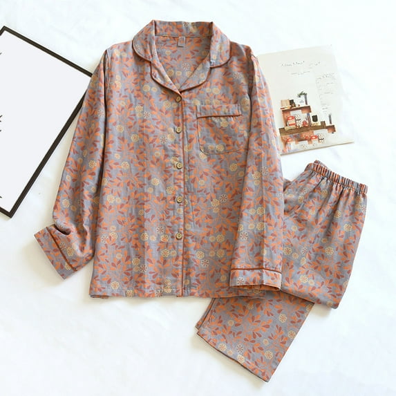 Kiplyki Fall Home Trends Women's Pajama Print Casual Turndown Collar Long Sleeve Pants Set Sleepwear