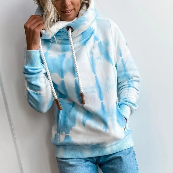 Kiplyki Fall Hoodies for Women Tie-Dyed Print Long Sleeve Pocket Loose Sweatshirt Hood Pullover