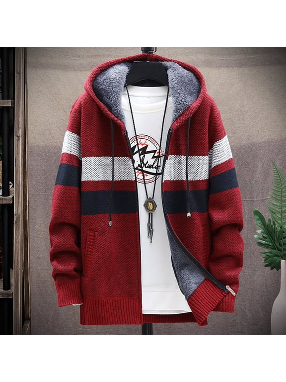 Fall Jackets for Men Casual Patchwork Long Sleeve Knitting Hooded Cardigan Zipper