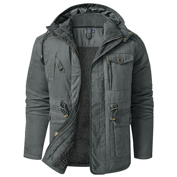 Kiplyki Fall Jackets for Men Lamb Velvet Hooded Jacket Thickened Multi-pocket Casual