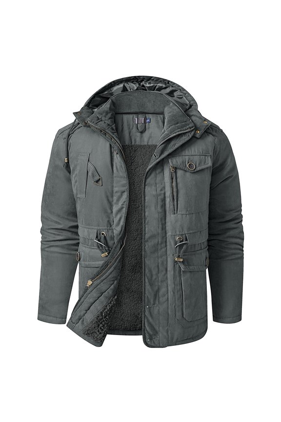 Fall Jackets for Men Lamb Velvet Hooded Jacket Thickened Multi-pocket Casual