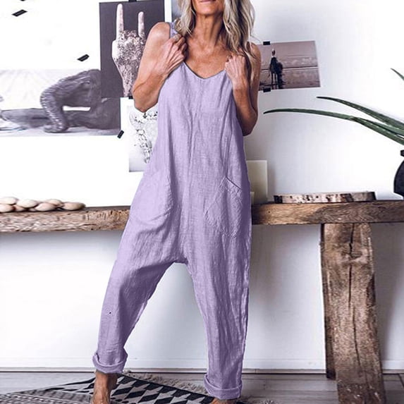 Kiplyki Fall Ladies Pants Women's Loose Baggy Pocket Jumpsuit Playsuit Trousers Overalls Cotton and Linen Jumpsuit