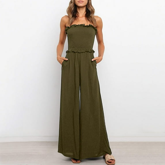 Kiplyki Fall Ladies Pants Women's Slimming Straps Pleated High Waist Wide Leg Pants Solid Jumpsuit Romper