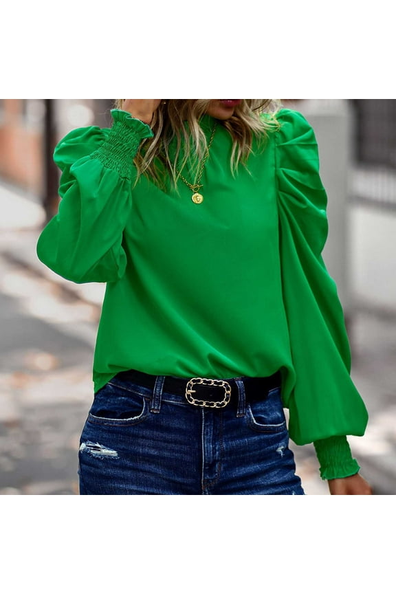 Kiplyki Fall Shirts for Women Solid Color Long Sleeve Half High Collar Bubble Sleeve Top Shirt