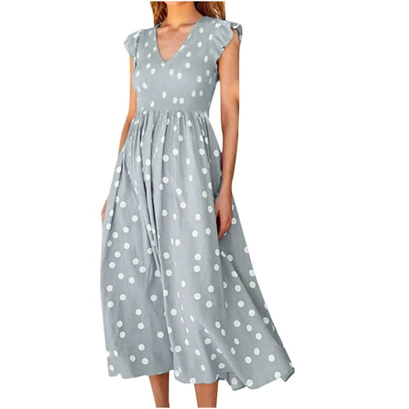 Kiplyki Fashion Women Casual Dot Printing V-Neck Sleeveless Tie-in Waist Long Dress