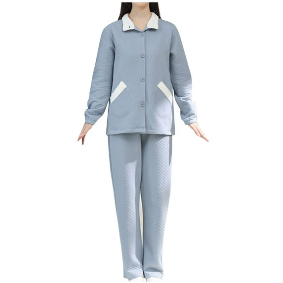 Kiplyki Flash Womens Sleepshirts Nightgown Fall and Winter Standing Collar Thickened Set Suit Home Clothing Long Sleeve Trousers Pajama