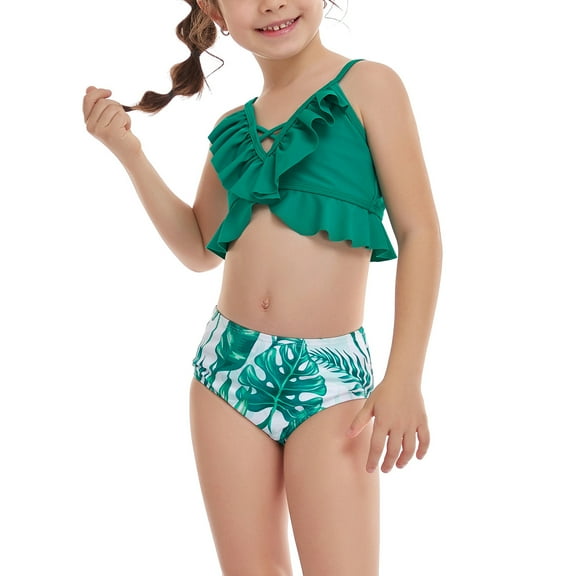 Kiplyki Girls Casual Cute Print Double Ruffle Split Swimsuit Beach Two-Piece Set