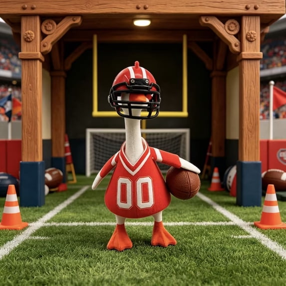 Kiplyki Goose Clothes Football Helmet Set 7 Inch Polyester Mini Goose Outfit with Rugby Ball, Red Jersey No.00, Cute Sports Decor for Party Porch Goose Accessories Gift for Football Fans