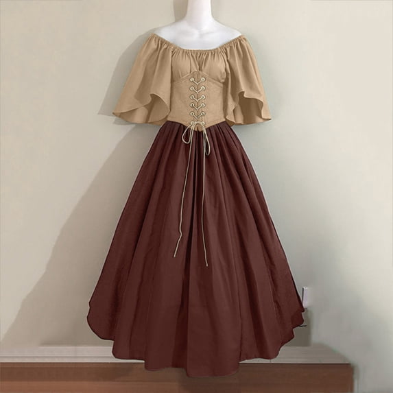 Kiplyki Gothic Dress for Women Round Neck Flare Sleeve Off Shoulder Medieval Vintage With Corset Patchwork Gowns