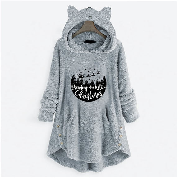 Kiplyki Hoodies Woman's Printing Buttons Long Sleeved Plush Coat Top