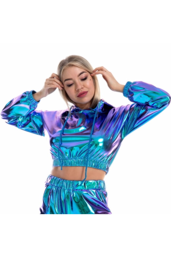 Hoodies Women's Bright Leather Leaky Umbilical Long Sleeve Hooded Pullover Short Sweater