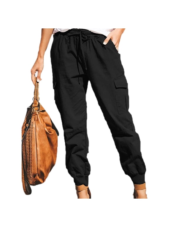 Leggings for Women Plus Size Drawstring Solid Elastic Waist Pocket Loose Pants