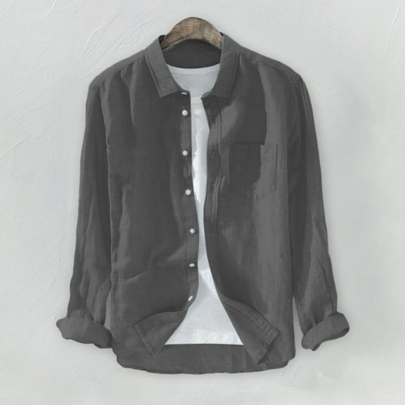 Kiplyki Men's Baggy Solid Linen Long Sleeve Button Pocket Plus Size T Shirts