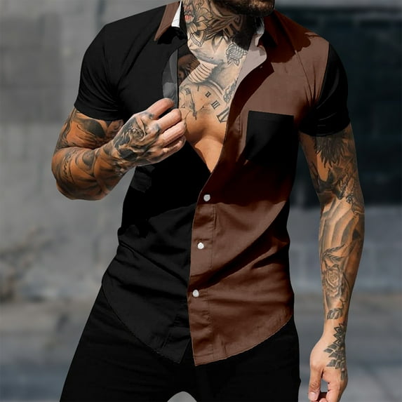 Kiplyki Men's New Arrivals Tops Casual Patchwork Turndown Collar Printing Short Sleeve Have Pockets Button Shirt Blouse