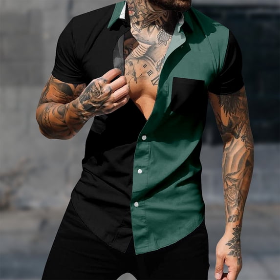Kiplyki Men's New Arrivals Tops Casual Patchwork Turndown Collar Printing Short Sleeve Have Pockets Button Shirt Blouse
