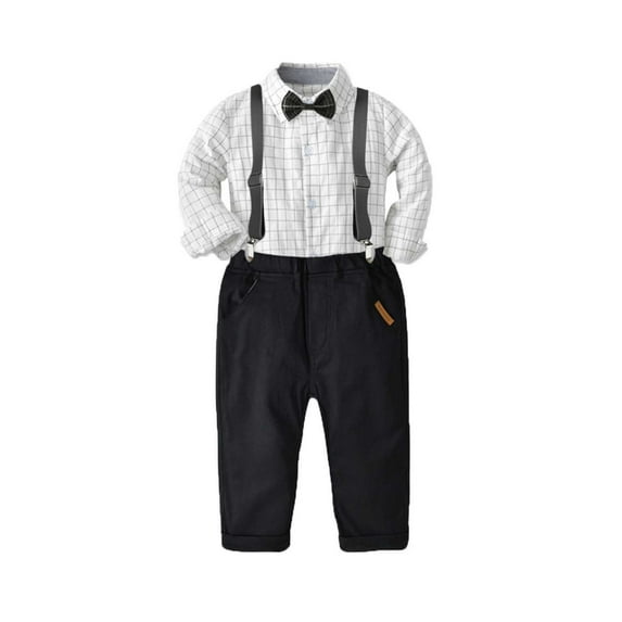 Kiplyki New Arrivals Set for Baby Winter Boys Lattice Long Sleeve Suspender Trousers Sling Gentleman Party Clothes Formal Suit