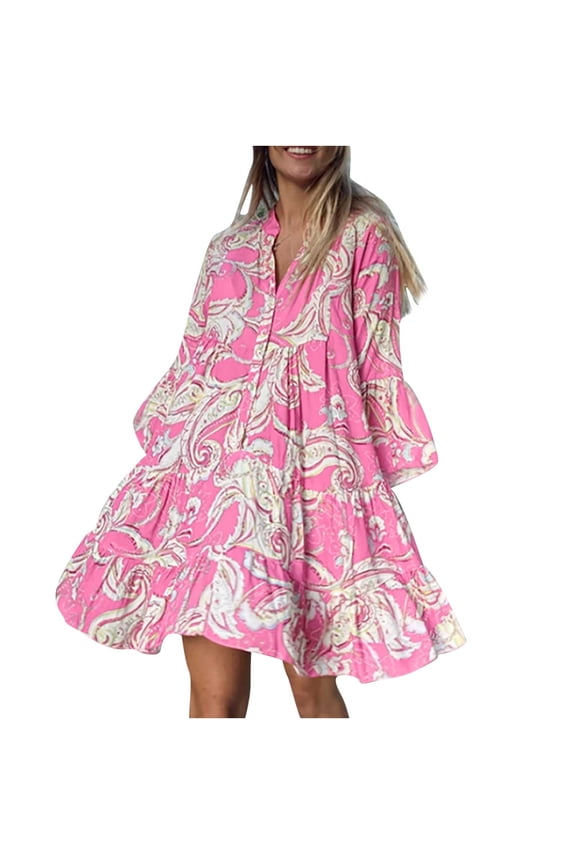 New Arrivals Women's 2024 Summer Dresses Spring and V-neck Buttons Three-quarter Sleeve Print Dress