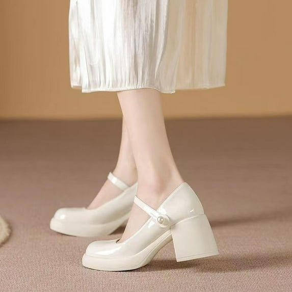 Kiplyki New Mary Shoes Women Fashion High Heel Thick Bottom Buckle Bead Round Head Single Shoes Mid-heeled Shoe