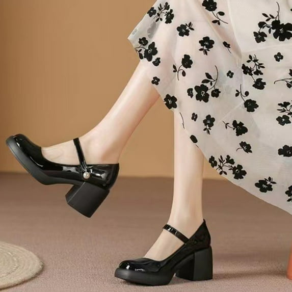 Kiplyki New Mary Shoes Women Fashion High Heel Thick Bottom Buckle Bead Round Head Single Shoes Mid-heeled Shoe