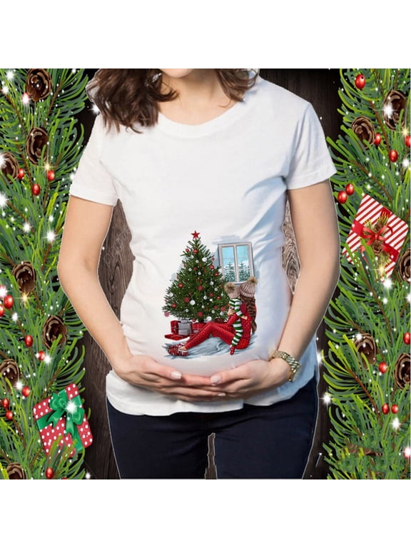 Save Big Women's Maternity Tops Christmas T-shirt Snowman Print Clothing Short Sleeve Pregnancy T-shirt
