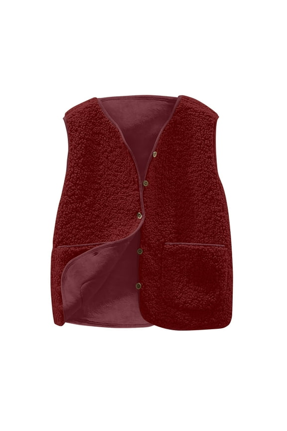 Save Big Women's Winter Coat Pocket Short Jacket Sleeveless Fleece Button Solid Outerwear