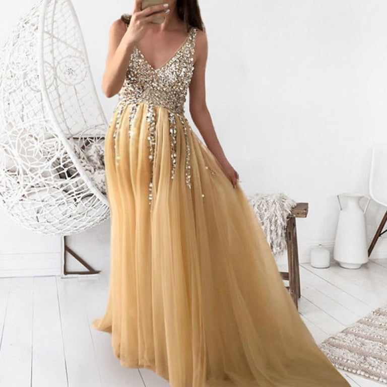 gold sparkle maternity dress White Sequin One Arm Maternity Maxi Dress, for a baby shower Small / Cream main image 0