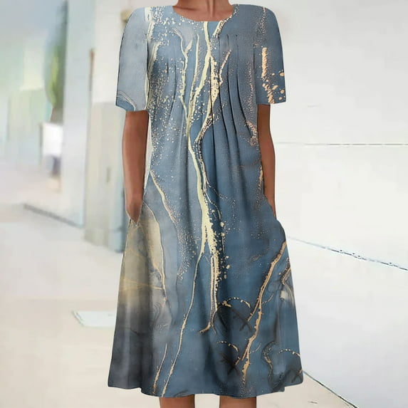 Kiplyki Spring Women's Dresses Plus Size 2024 Bohemian Print Short Sleeve Beach Knee Length Dress