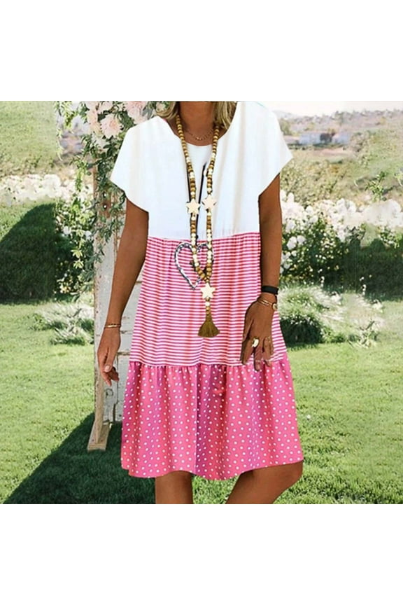 Spring Women's Dresses Plus Size 2024 Loose Stripe Dot Patchwork Round Neck Short Sleeves Dress