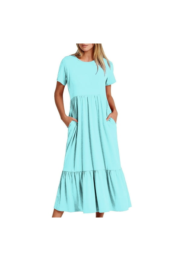 Kiplyki Summer Dress for Women 2025 Spring Crewneck And Loose Solid Pleated High Waist Lace Dress