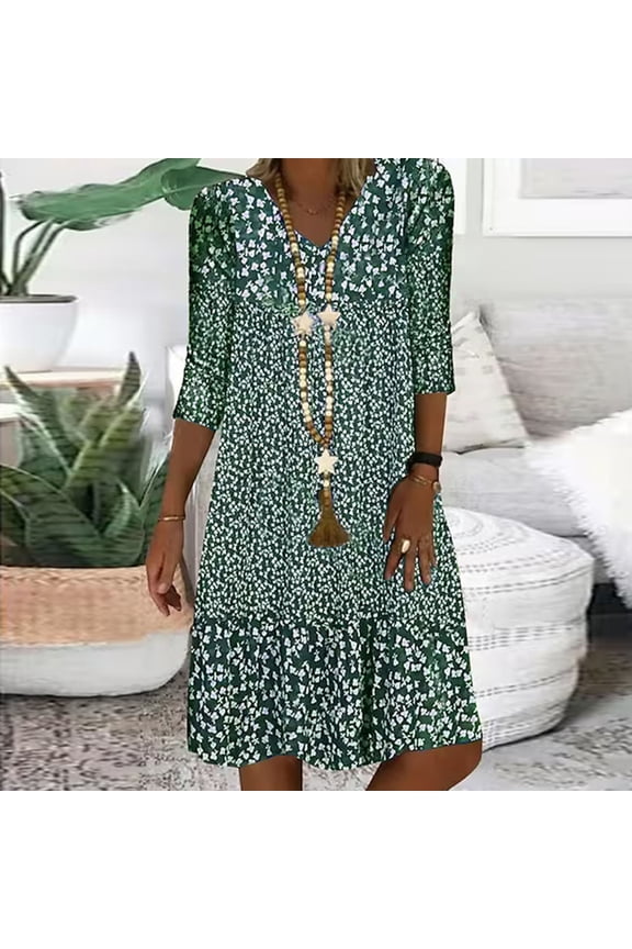 Kiplyki Summer Dress for Women 2024 V-Neck Print 3/4 Sleeve Fold Mini Dress