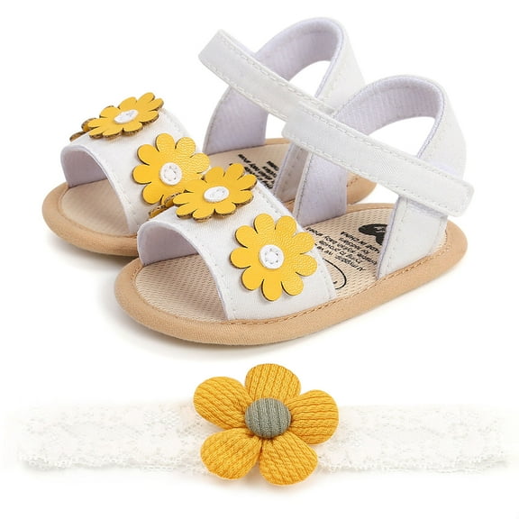 Kiplyki Toddler Shoes Baby Girls Cute Fashion Flowers Non-slip Soft Bottom Sandals Headdress Set