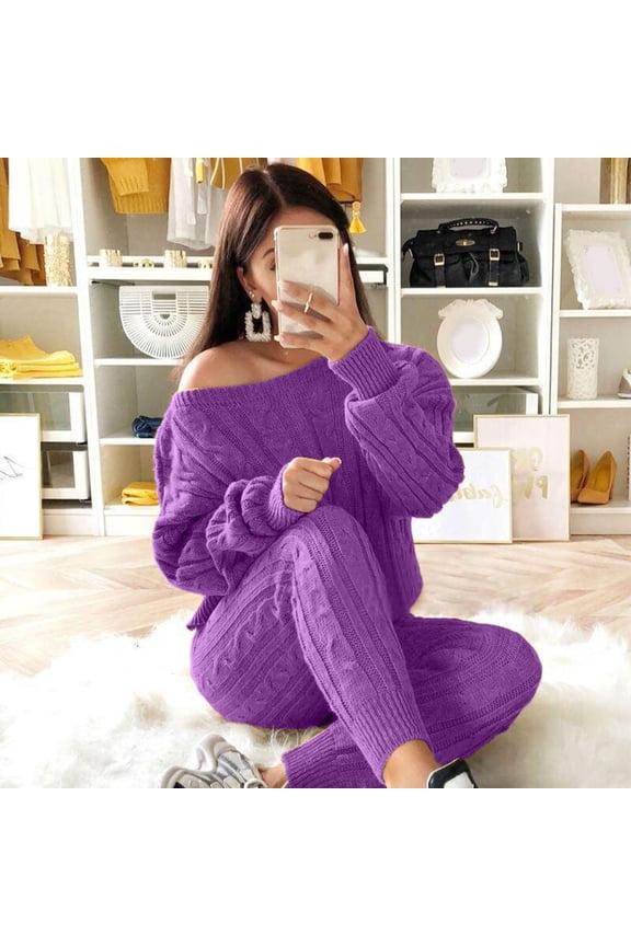 Trendy Pants for Women Solid Color off Shoulder Long Sleeve Cable Knitted Warm Two-Piece Long Pants Sweater Suit Set