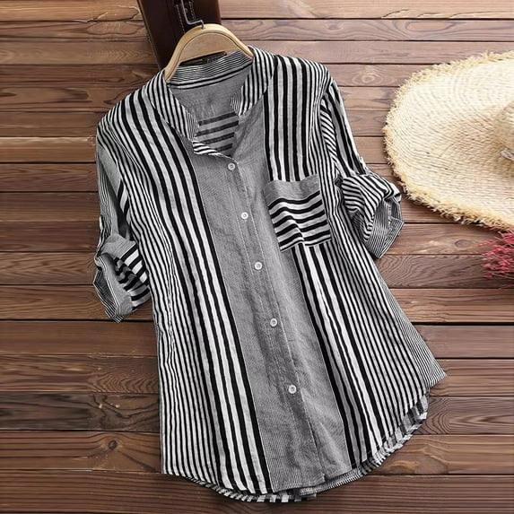 Kiplyki Trendy Women Plus Size Three Quarter Striped Print V-Neck Loose Fit Top T-Shirt Blouse