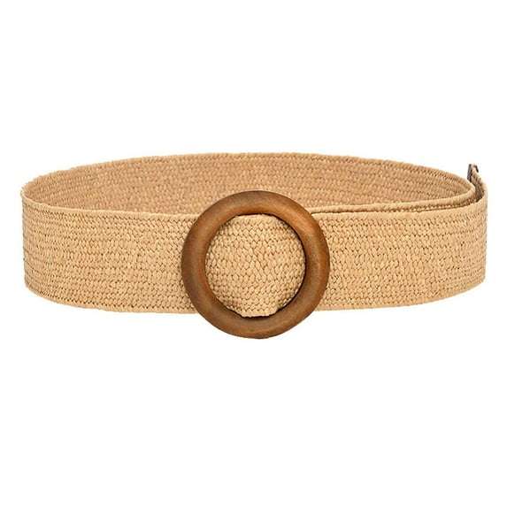 Kiplyki Vintage Waist Belt Round Wooden Smooth Buckle Fake Straw Wide Belt