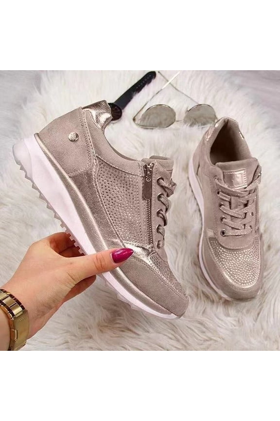 Kiplyki Weekly Women Casual Pumps Thick Bottom Hot Drilling Zipper Lacing Sports Shoes