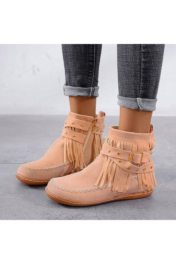Kiplyki Weekly Women's Round Side Zipper Solid Color Flat Heel Tassel Low Tube Tassel Boot