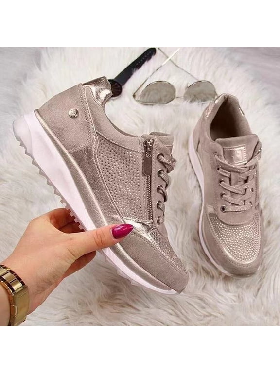 Kiplyki Weekly Women Casual Pumps Thick Bottom Hot Drilling Zipper Lacing Sports Shoes