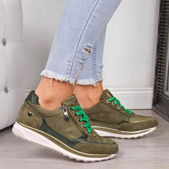 Kiplyki Weekly Women Casual Pumps Thick Bottom Hot Drilling Zipper Lacing Sports Shoes